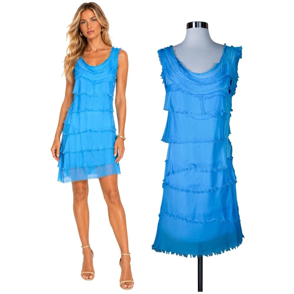 Gigi Moda | Siena Teal Blue Silk Ruffle Sleeveless Dress Made in Italy One Size